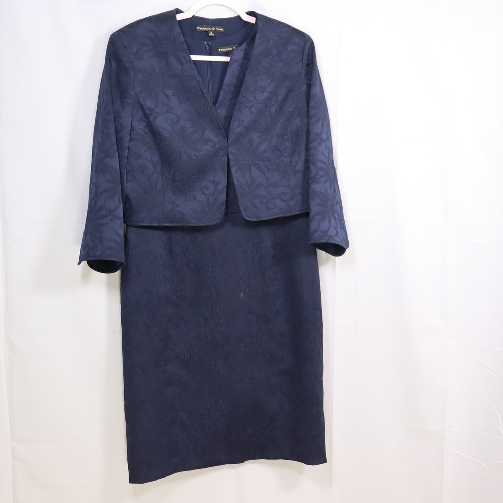 Preston & York Dress Suit 10 Navy Blue Womens Jacquard Sheath Bolero Set